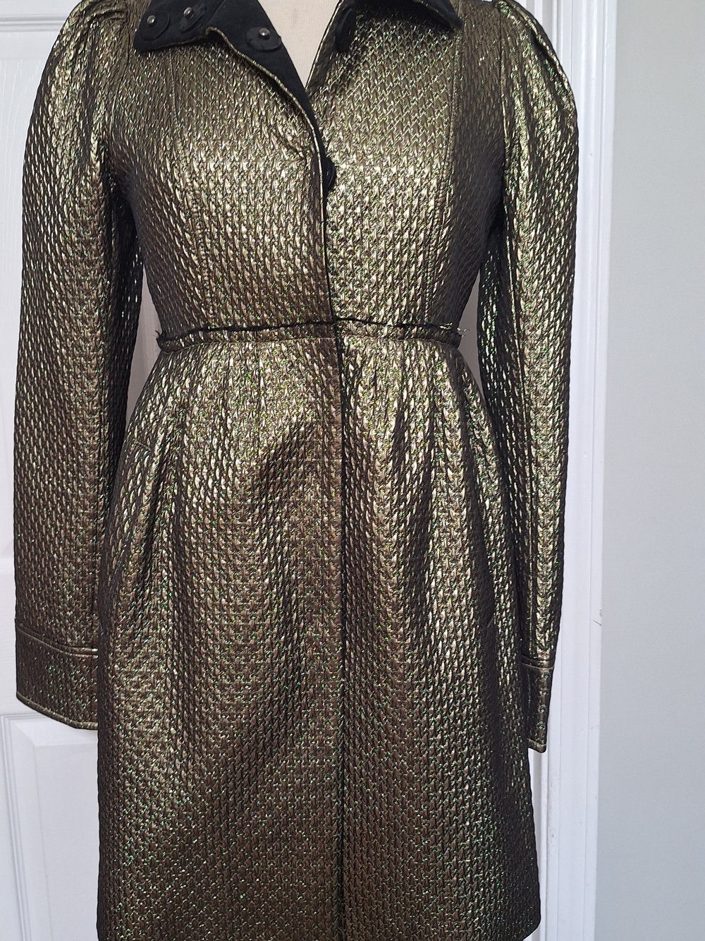 Alice&Olivia Gold Metallic Brocade Jacket Velvet Collared Wool Blend Coat Small
